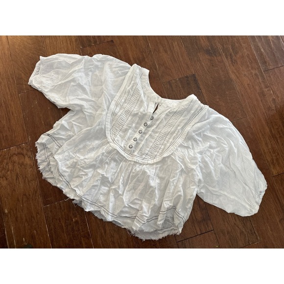 We The Free Tops - We The Free White Crinkled Gauze Peasant Blouse Puff Sleeve Button Front Top